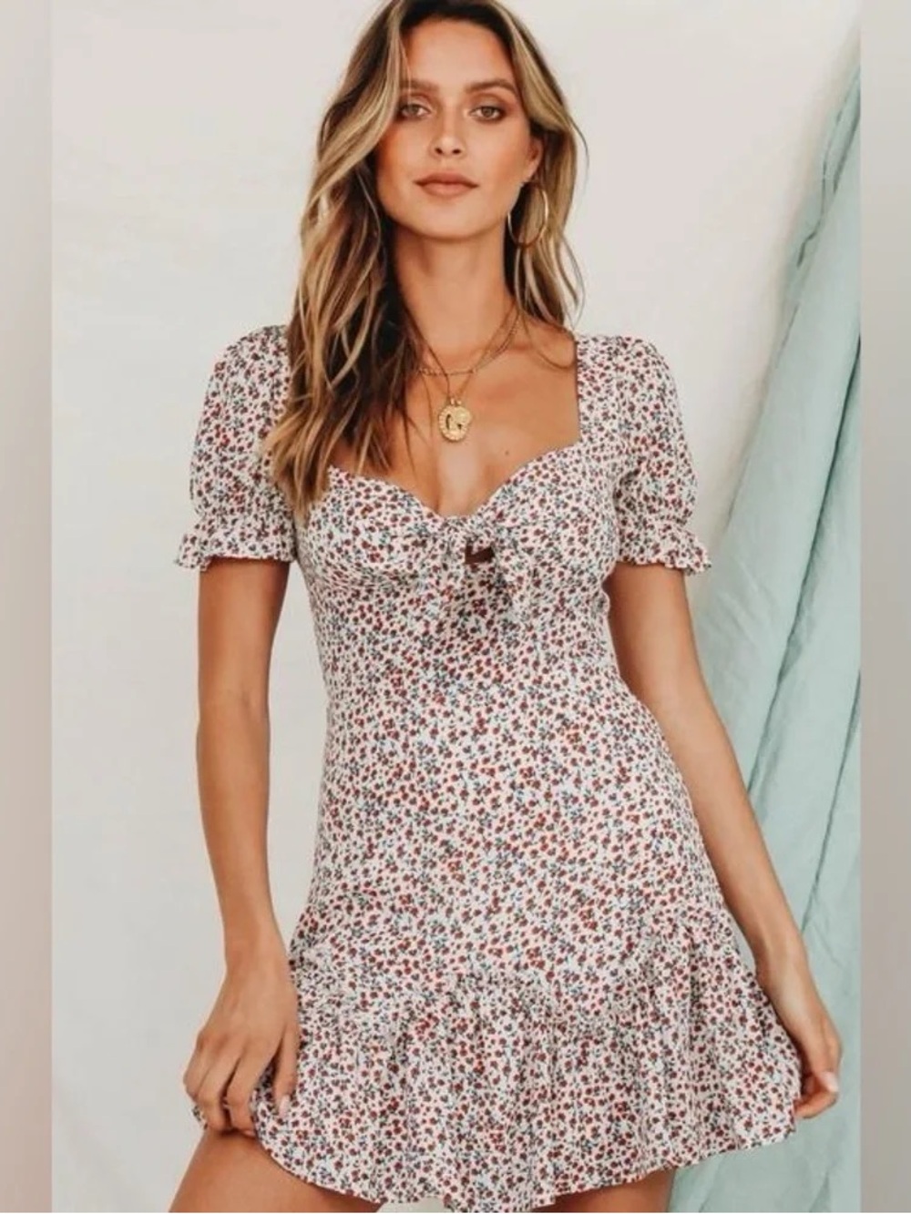 Princess Polly Mica White Floral Ruffle Cap Sleeve Tie Front Mini Dress EUC Sz 8